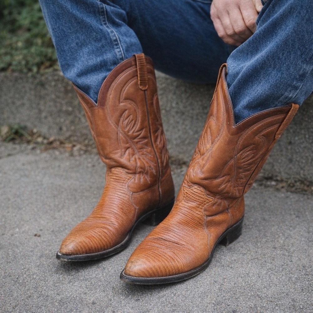 Levis Mens Vintage Lizard Embossed Leather Cowboy Western Boots Brown 10 M 14427